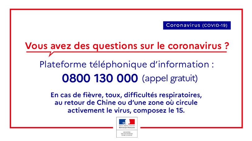 Numéro vert Coronavirus 0800 130 000 (appel gratuit)